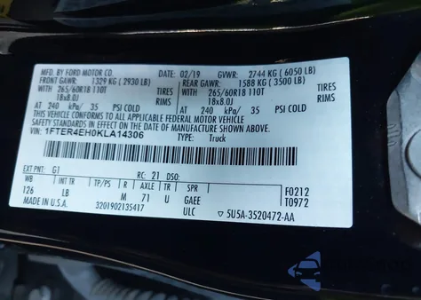 2019 Ford Ranger Xlt из США, поврежденный, VIN 1FTER4EH0KLA14306